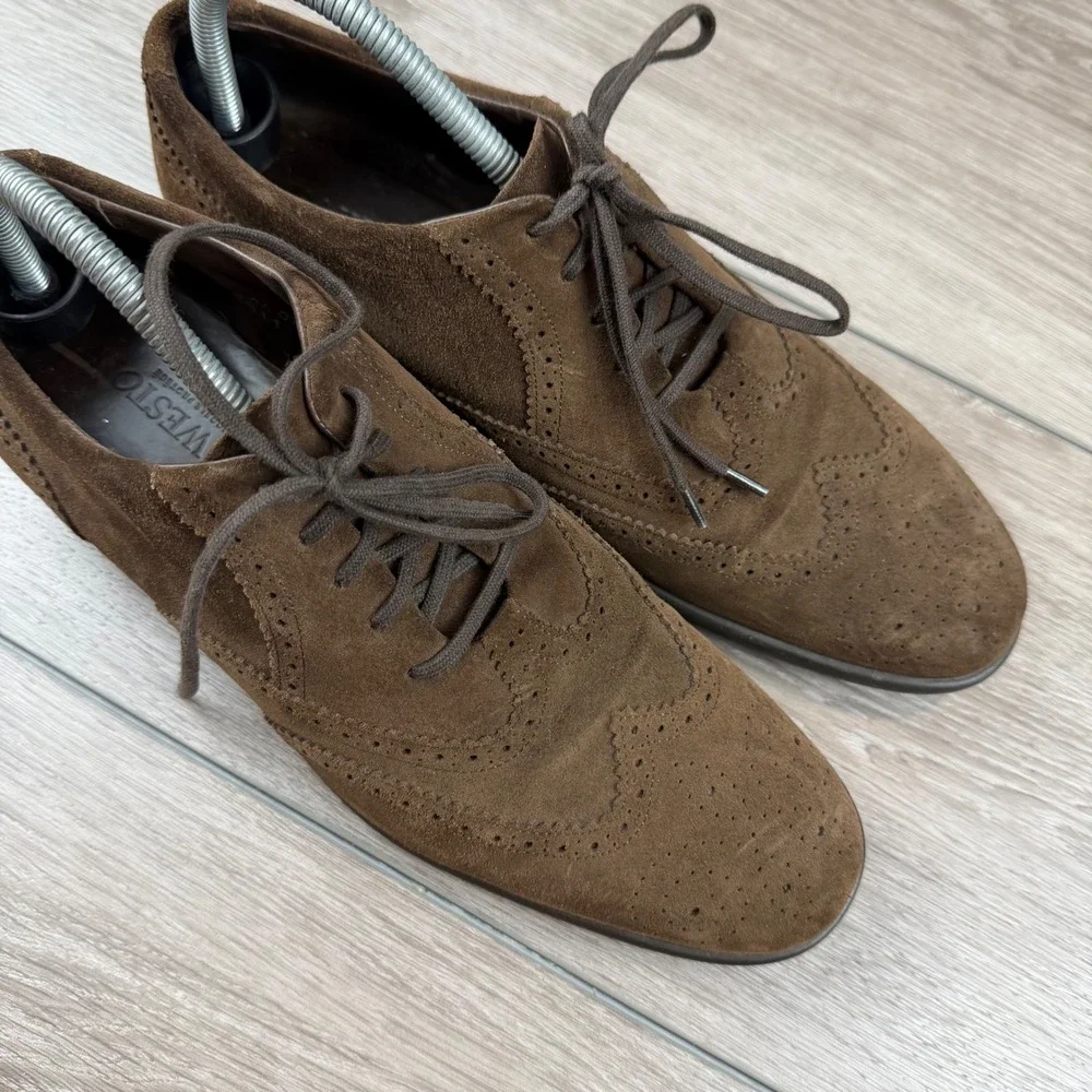 J.M. Weston Mens Oxford Wingtip Brogue Suede Brown 7.5 D